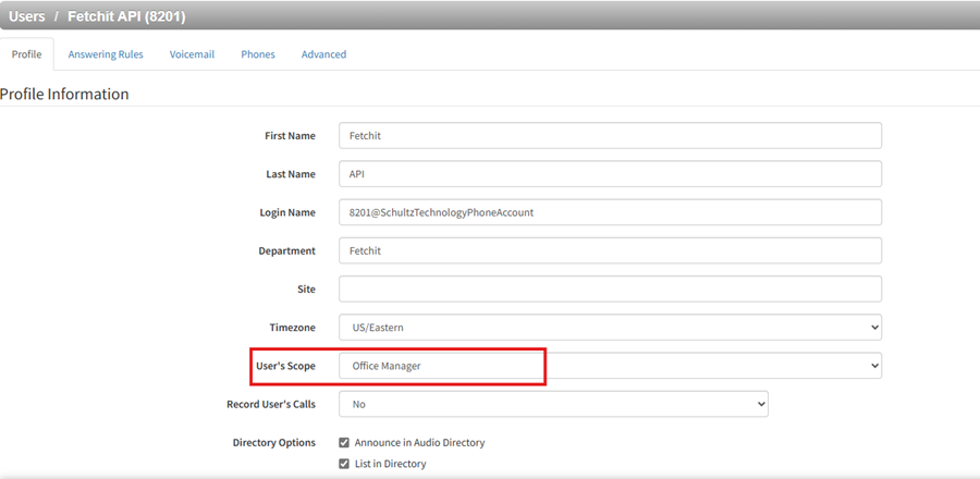 A new Skyswitch user with the Office Manager scope