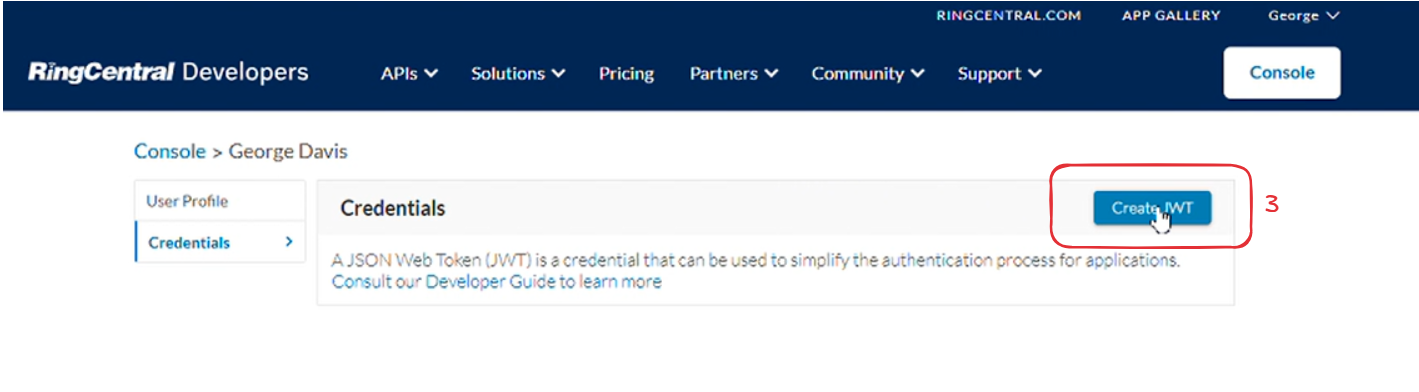 The Credentials page in the user dropdown menu