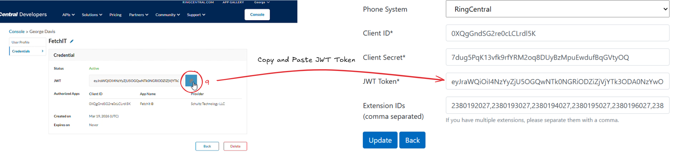 The created JWT token, shown once